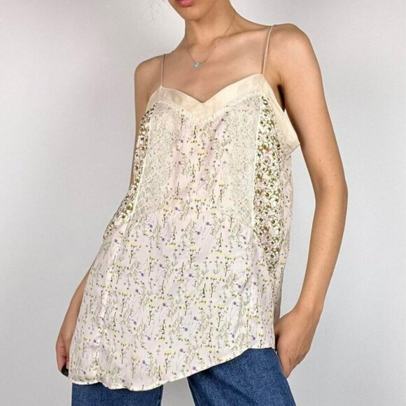 Zara Floral Cream Camisole Lace Overlay Asymmetrical Spagetti Straps Top M - Picture 1 of 12